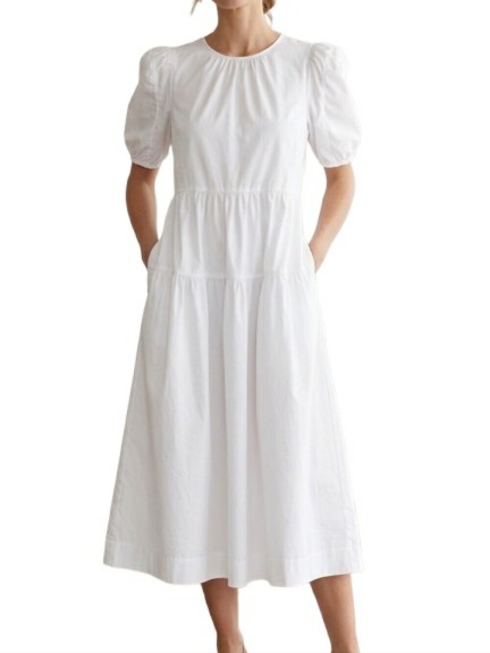 Anthropologie EN SAISON Poplin Puff Sleeve Tiered Midi Dress